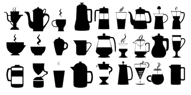 A collection of coffee related items including a coffee pot and a mug silhouette vector