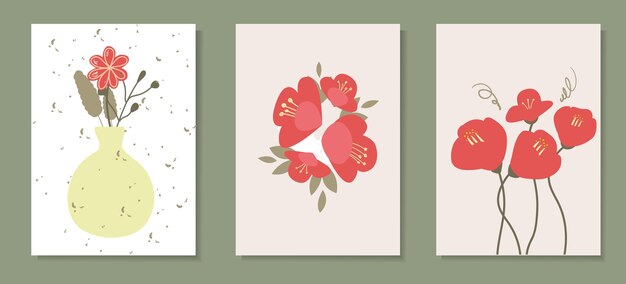 Коллекция цветных плакатов в плоском стиле. Нарисованные элементы вырезаны из бумаги. Красная японская камелия в вазе, растения и абстрактные фигуры на изолированном фоне для открыток и баннеров.