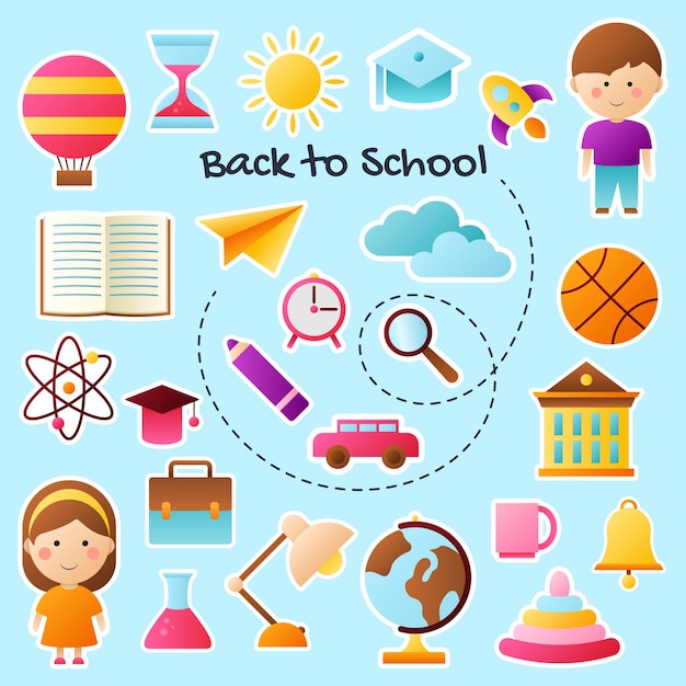 Collection of colored Back to school stickers Modern isolated vector badges for web and print