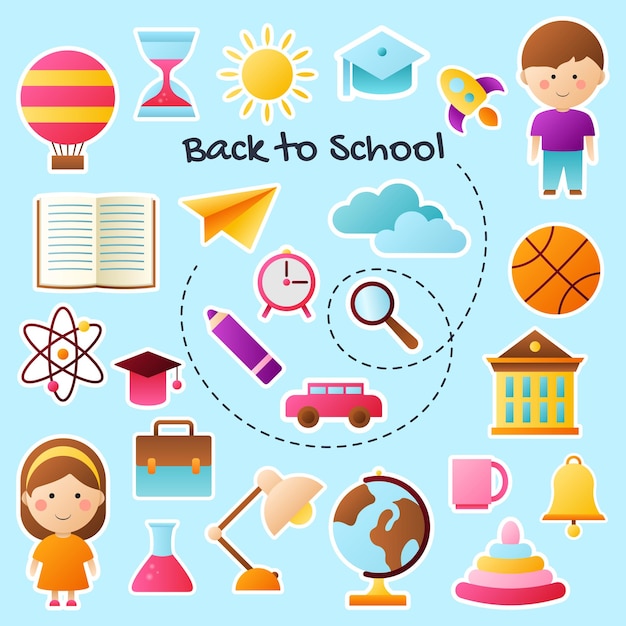 Collection of colored back to school stickers modern isolated vector badges for web and print