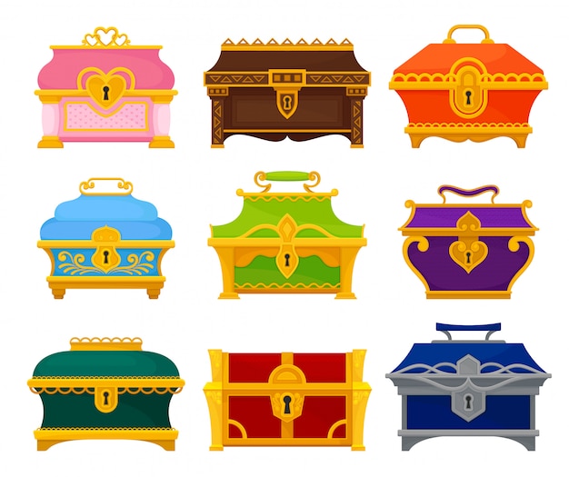 Vector collection of colored chests on white background.