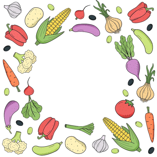 Collection of colored drawing vegetables in doodle style A set of vector illustrations of the harvest corn potatoes carrots radishes beets garlic onions tomatoes etc