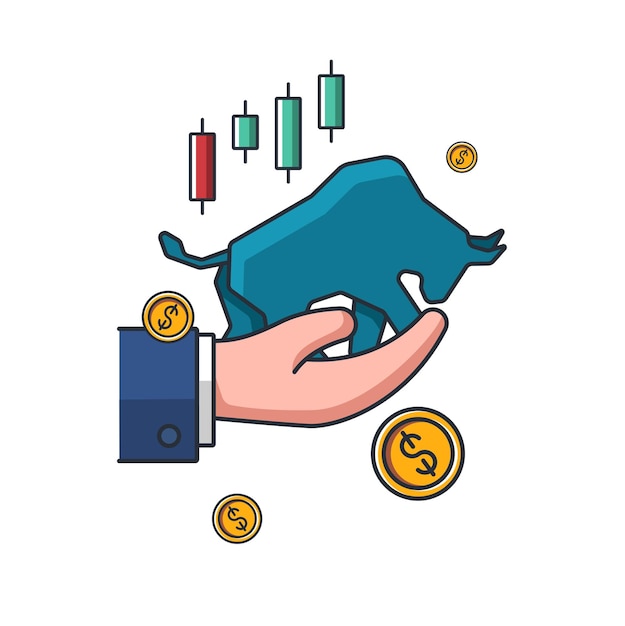 Vector collection colored thin icon of bull market trading on hand graph money coins business and finance concept vector illustration