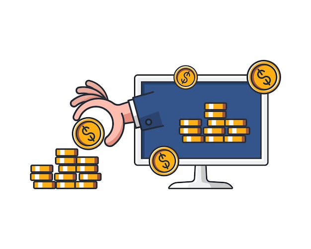 Collection colored thin icon of online earnings hand catch the coin business and technology concept vector illustration