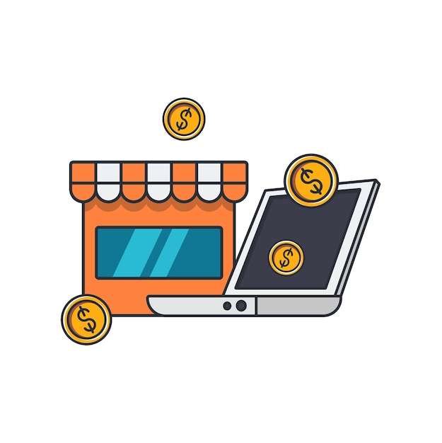 Collection colored thin icon of online shop computer money coin business and finance concept vector illustration