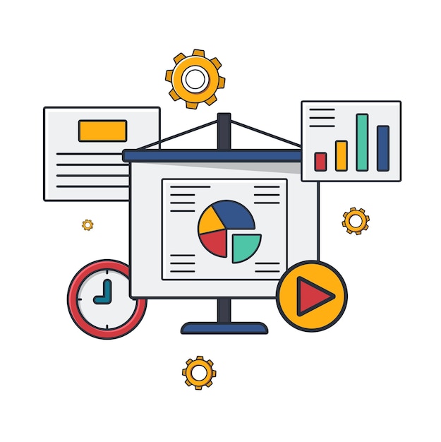 Collection colored thin icon of presentation slides display gear clock graph business and technology concept vector illustration