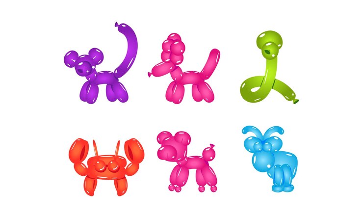 Vector collection of colorful animalshaped balloons bright inflatable toys for children party graphic elements for mobile game or postcard vector illustrations in flat style isolated on white background