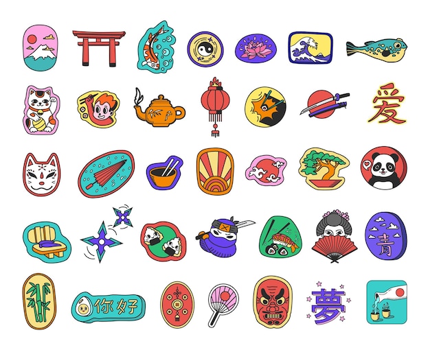 Collection of colorful Asian stickers and badges