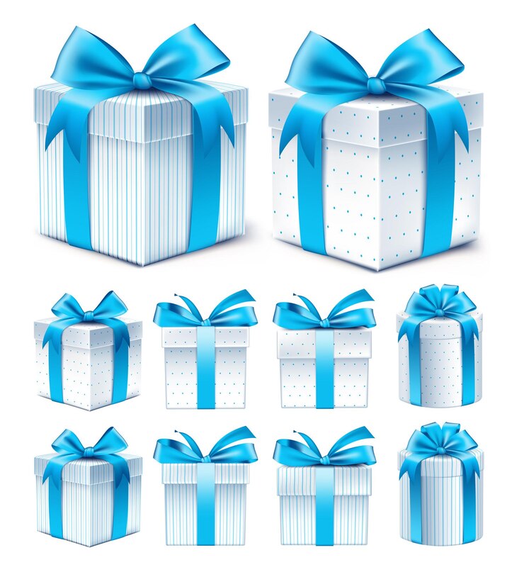 Vector collection of colorful blue pattern gift box with ribbon and bow for birthday celebration