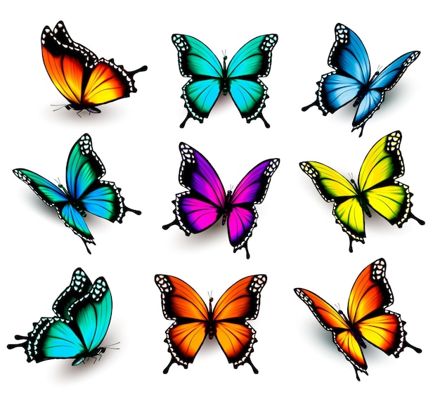 さまざまな方向に飛んでいるカラフルな蝶のコレクション。ベクター。