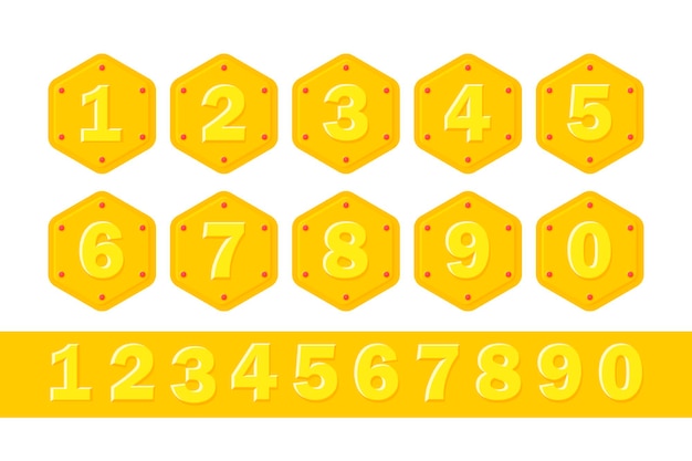 Вектор Коллекция красочных детских номеров. плоские векторные иллюстрации. детские алфавитные числа от одного до нуля в желтом цвете, изолированные на белом фоне.