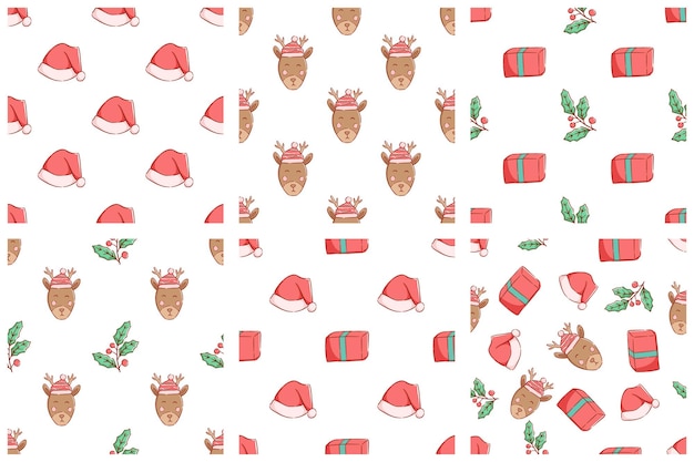 Collection of colorful Christmas elements in seamless patterns Hand drawing christmas hat