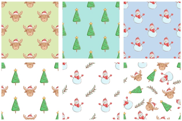 Collection of colorful christmas elements in seamless patterns with kawaii deer and snowman