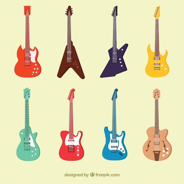 Collection of colorful electric guitars