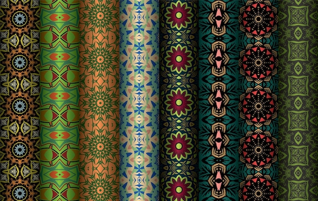 A collection of colorful fabrics with the word in the middle seamless geometric repeated patterns