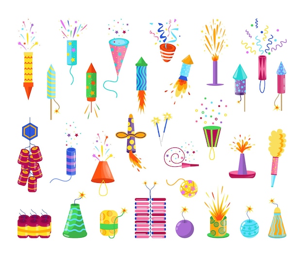 Vector collection of colorful fireworks in flat style.