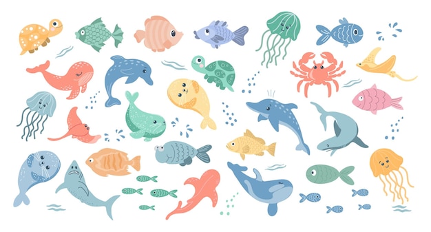 Collection of colorful fishes and sea animals Icons in cartoon style for children vector