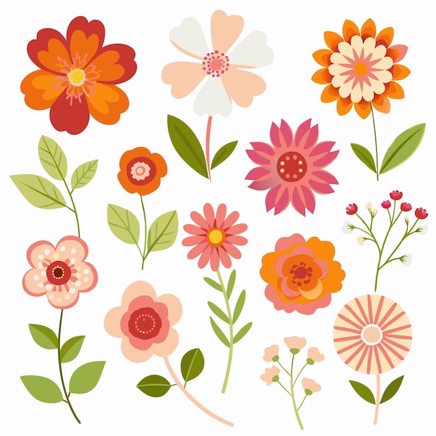 Vector collection of colorful flat flowers and leaves playful floral elements for cheerful designs