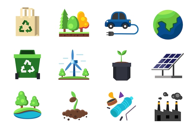 Collection of colorful flat icon vector environment protection concept vector illustration isolated on white background forest recycle bag eco car earth solar cell panel factory trash plant