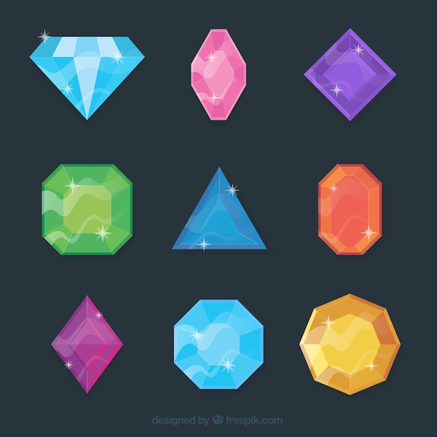 Vector collection of colorful gemstones and diamond