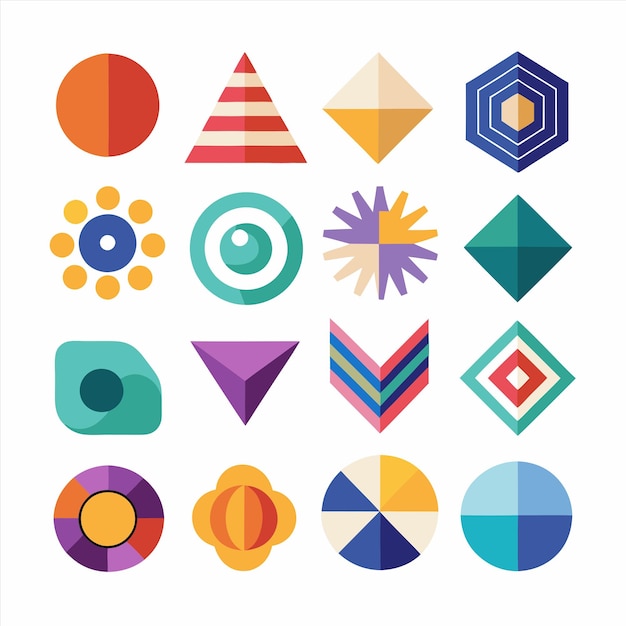 a collection of colorful geometric designs including a triangle and geometric shapes