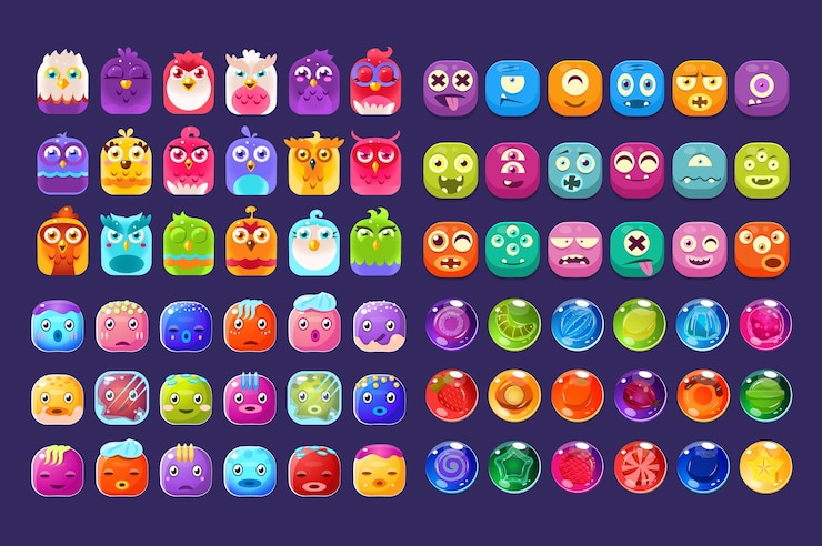 Vector モバイル アプリやビデオ ゲームのベクトル イラスト web デザインのためのさまざまな形のユーザー インターフェイス資産のカラフルな光沢のある数字のコレクション