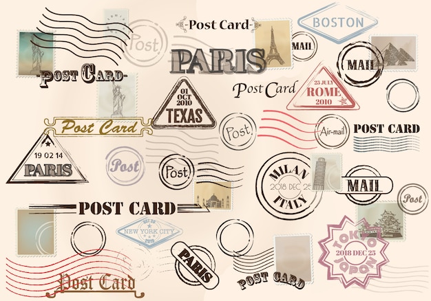 Vector collection of colorful grungy stamps with text