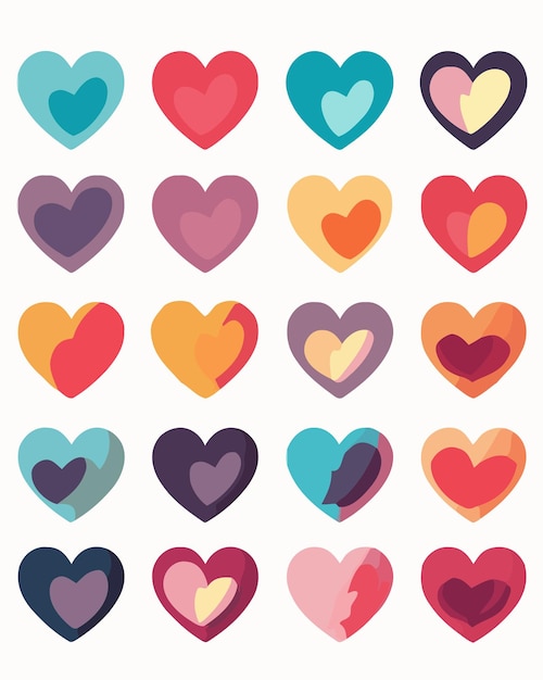 A collection of colorful hearts on a white background.