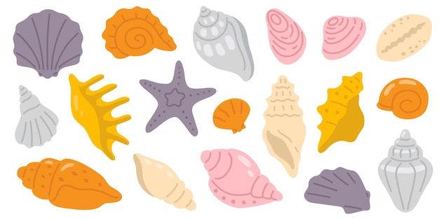 Vector a collection of colorful illustrations of shells and starfish