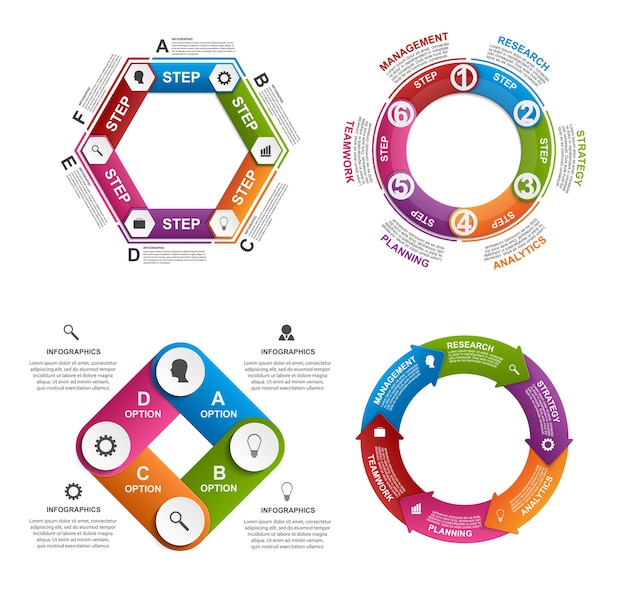 Raccolta di infografiche colorate.