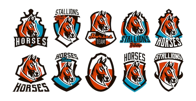 Коллекция красочных логотипов, наклеек, эмблем лошади, красивых жеребцов, скачек, быстрых животных, талисмана спортивного клуба, векторная иллюстрация щита