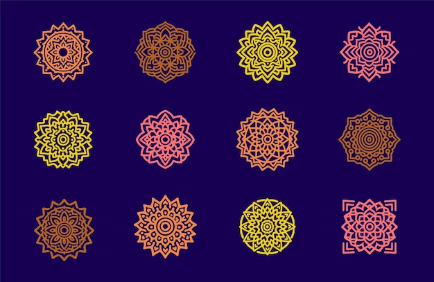 A collection of colorful mandalas on a dark blue background