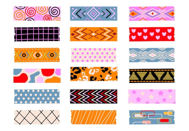 Vector collection of colorful and patterned sticky tapes cutout strips sticky labels and a decorative
