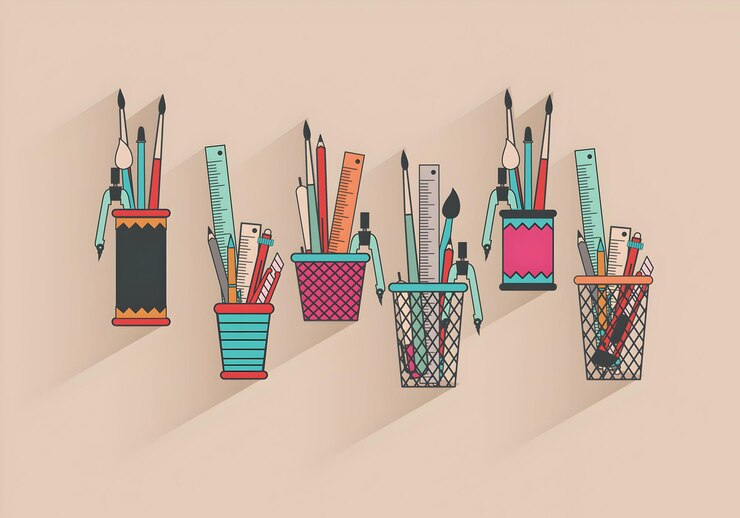 Vector collection of colorful pencil holders with art supplies