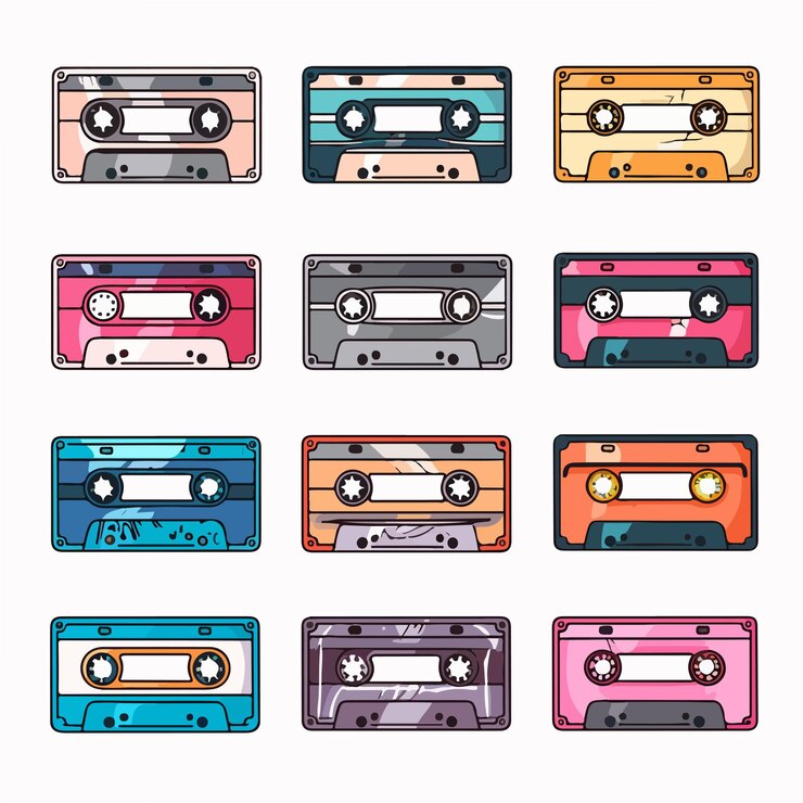 Vector 音楽愛好家やヴィンテージコレクターのためのカラフルなプラスチックカセットオーディオテープのコレクション