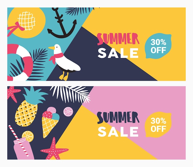 Collection of colorful promotional banner templates with summer attributes and place for text. vector illustration in flat cartoon style for seasonal sale and discounts advertisement or promotion