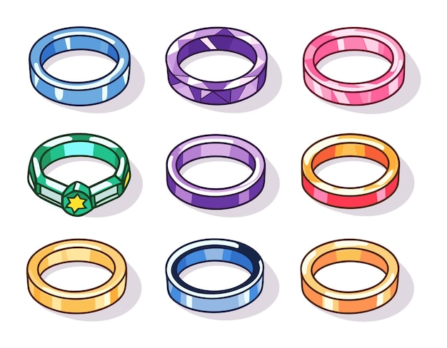 Vector collection colorful rings different gemstones designs assorted jewelry pieces vibrant tones