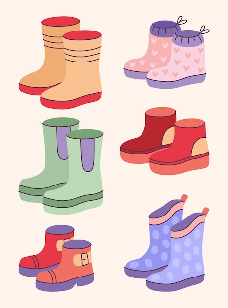 Collection of colorful rubber boots with different prints flat vector illustrations