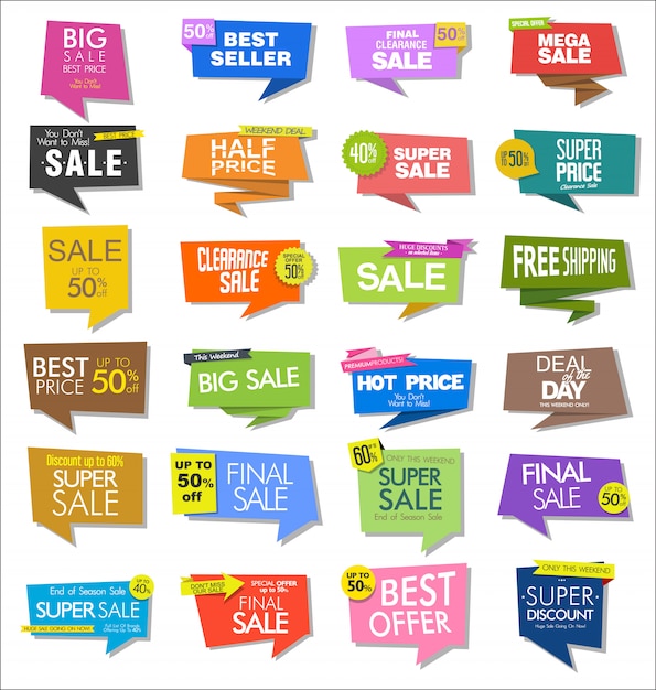 Collection of colorful sale stickers and tags