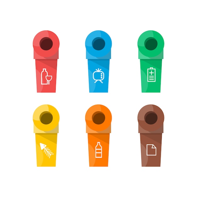 Collection of colorful separation recycle bin icon.organic,batteries,metal,plastic,paper,glass,waste,light bulb,aluminium,food,can,bottle.bin vector,recycle bin