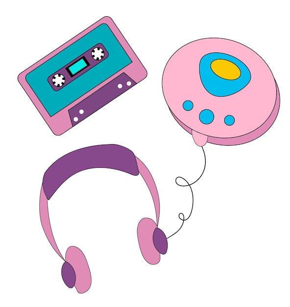 Collection of colorful stickers icons in 90s style Vintage cassette and player with headphones