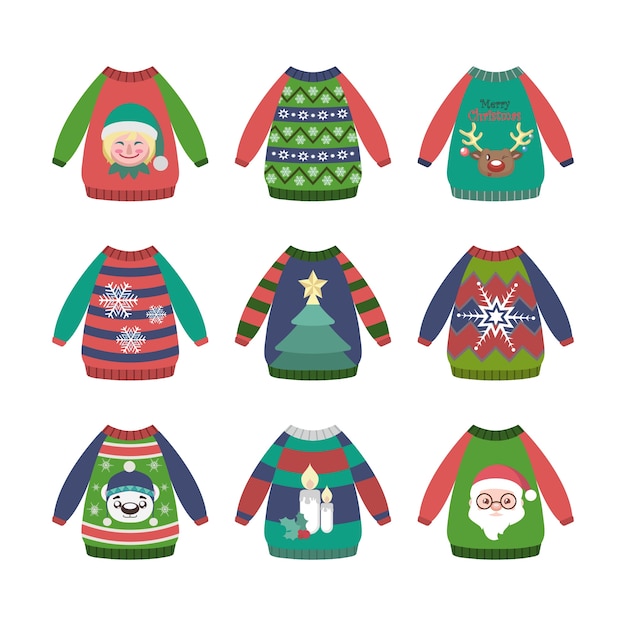 Collection of colorful ugly christmas sweaters with patterns