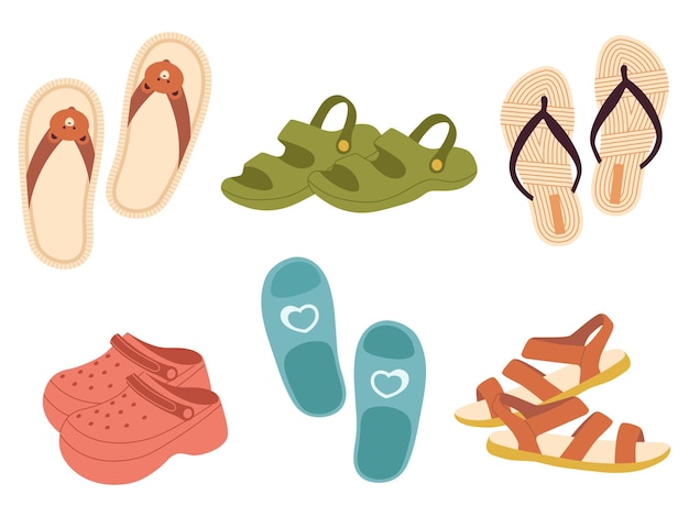 Collection of comfortable summer shoes vector set of colorful beach slippers in flat style