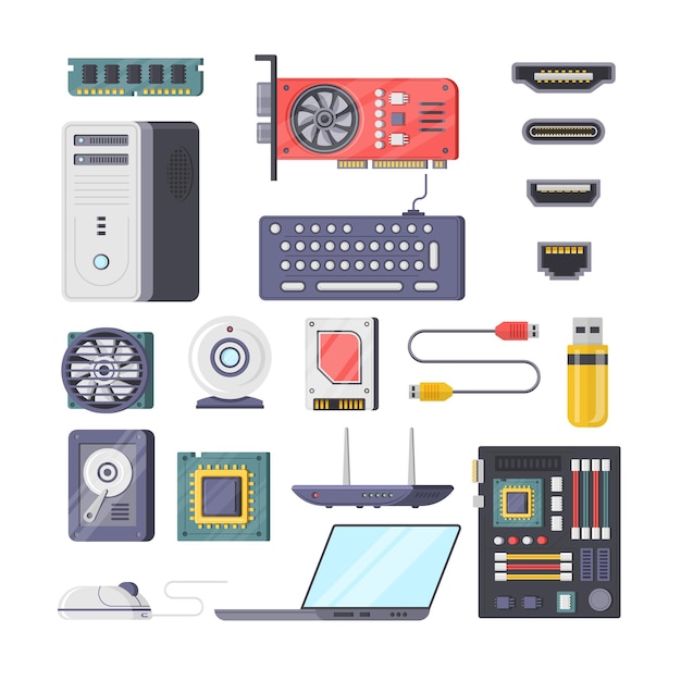 Collection computer hardware elements isometric icon vector illustration webcam video card SD HDD