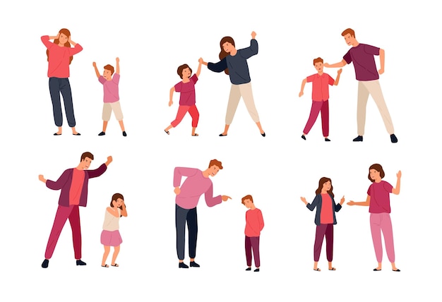 Collection of conflicts between parents and children isolated on white background. Problem of mutual aggression, offensive behavior, disobedience. Colorful vector illustration in flat cartoon style.