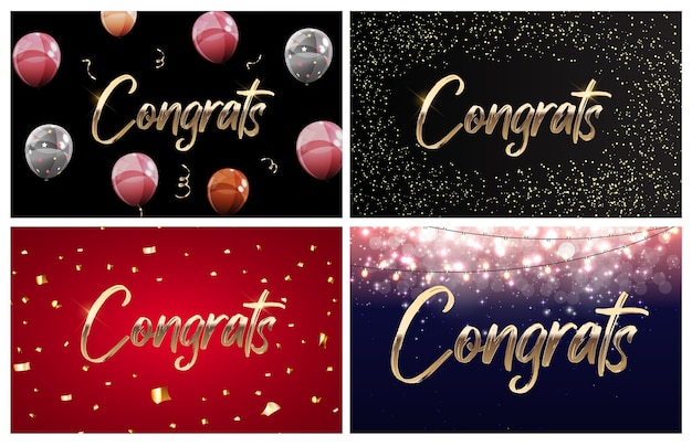 Vector collection of congratulations design template background with balloons, ribbons and confetti.