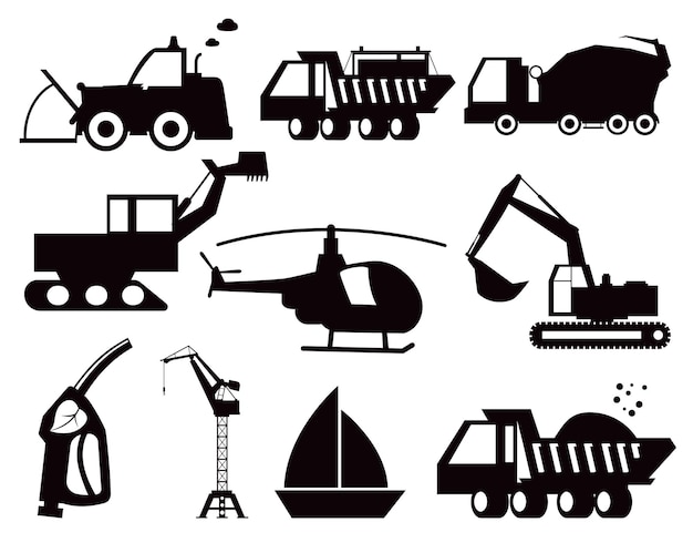 Collection of Constructions Vehicles set flat isolated vector Silhouettes