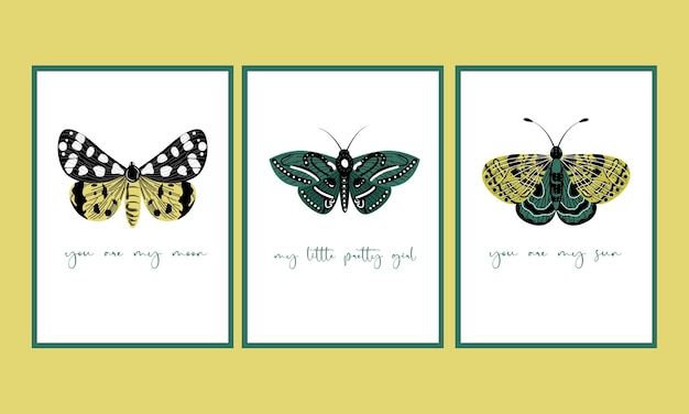 Collection of contemporary art posters in retro colors. Abstract butterflies. Great design for socia