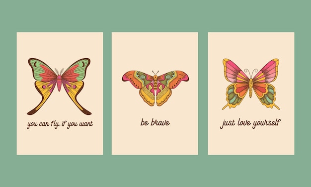 Collection of contemporary art posters in retro colors Abstract butterflies Great design for social media postcards print