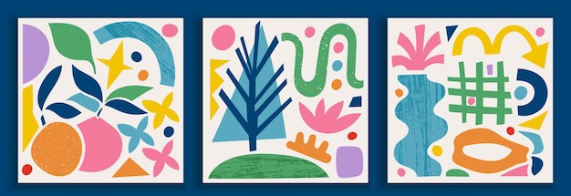 Collection of contemporary art posters in vibrant colors. Abstract trendy geometric elements and organic and paper cut shapes, doodle objects. Great design for social media, postcards, print.